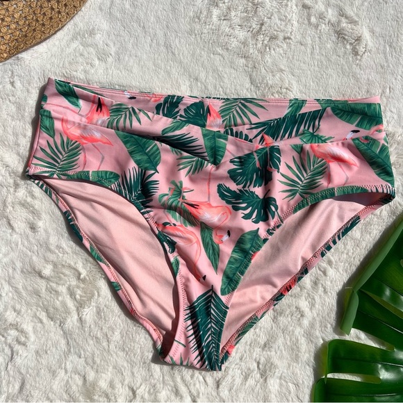 Old Navy High Waisted Cross Front Pink Flamingo Bikini Bottom NWOT - Picture 1 of 7